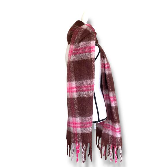 Anthropology Fringe Trim Blanket Scarf Brown Pink Plaid 100% Recycled Polyester - Picture 2 of 9